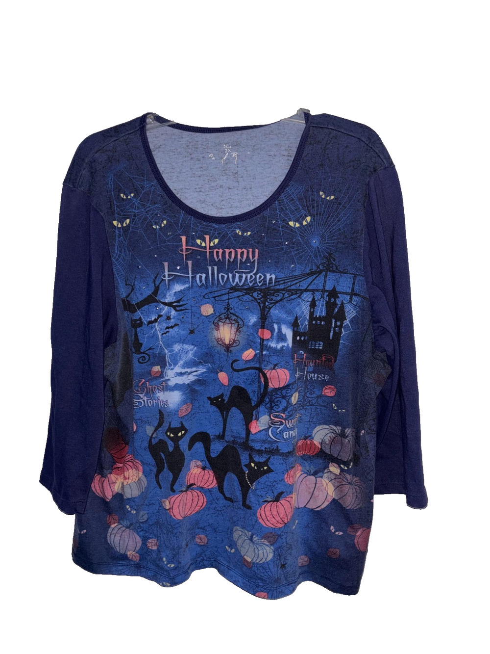 Notations Plus Happy Halloween Graphic Top Shirt Women 2X Black Cats Haunted